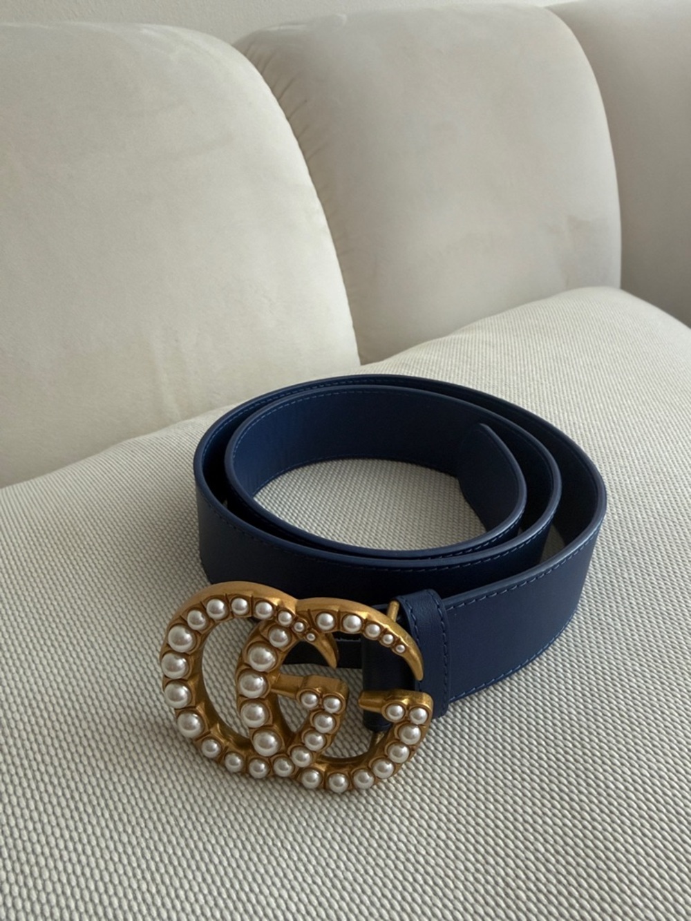 Gucci Navy Belt with Pearl-Embellished Gold GG Buckle